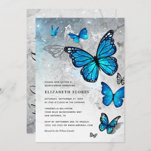 Elegant Blue Butterfly Cinderella Quinceanera Invitation (Front/Back)