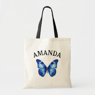Elegant Blue Butterfly Curved Name Girly Tote Bag