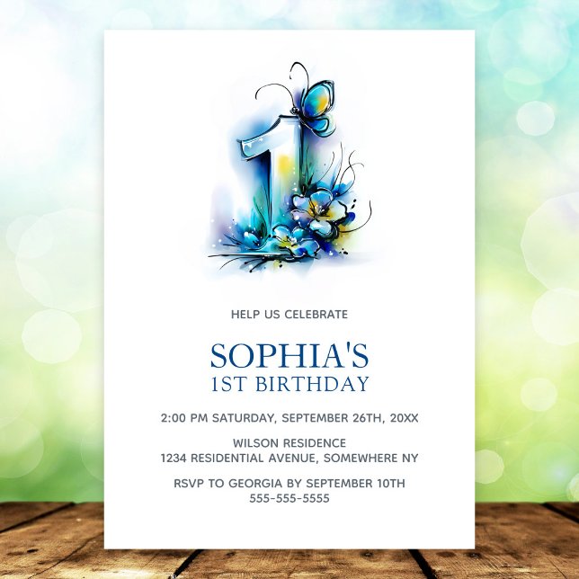 Elegant Blue Butterfly Floral 1st Birthday Party Invitation (Creator Uploaded)