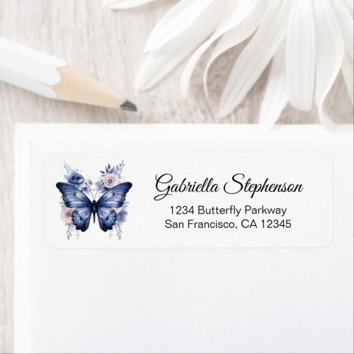 Elegant Blue Butterfly Floral Return Address Label