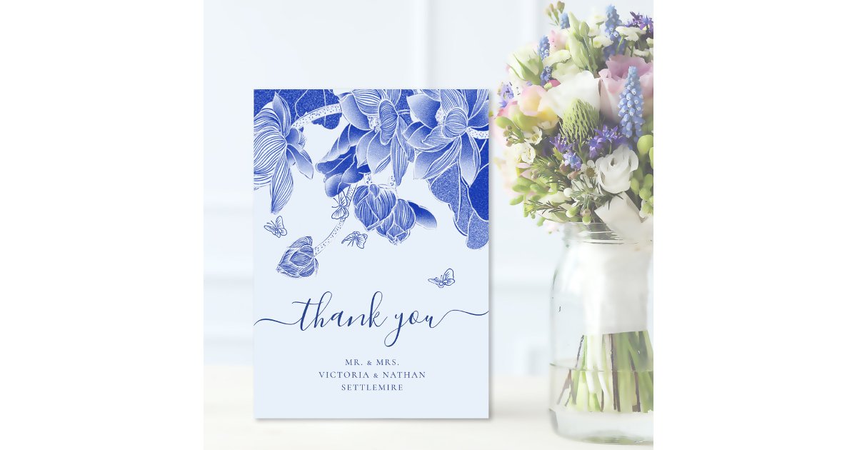 Elegant Blue Butterfly Flowers Wedding Thank You Card | Zazzle