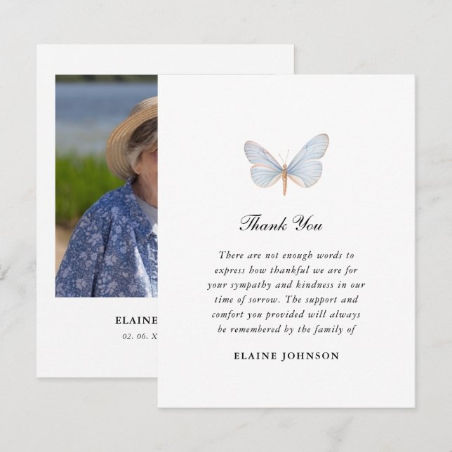 Elegant Blue Butterfly Funeral Photo Thank you  Card (Front/Back)