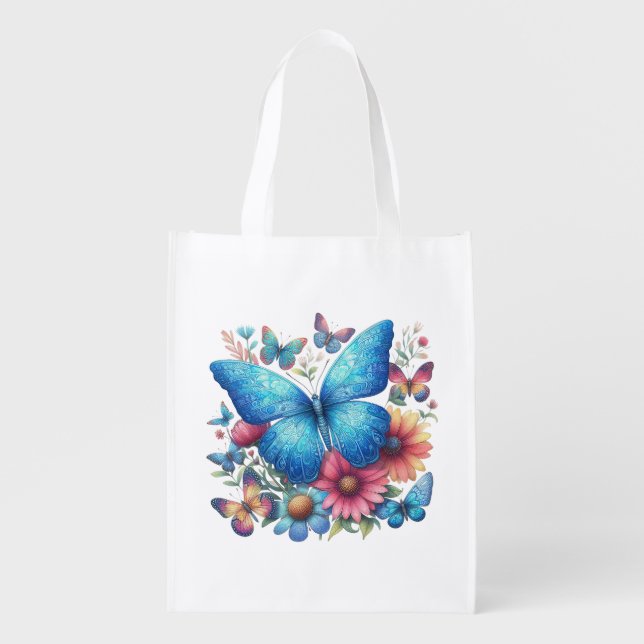 Elegant Blue Butterfly Grocery Bag (Front)
