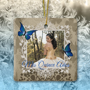 Elegant Blue Butterfly Quinceanera Christmas Photo Ceramic Ornament