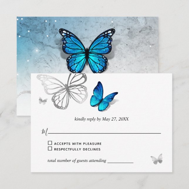 Elegant Blue Butterfly Rustic Watercolor Wedding RSVP Card (Front/Back)