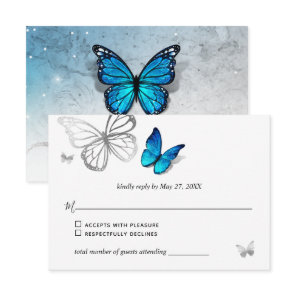 Elegant Blue Butterfly Rustic Watercolor Wedding RSVP Card