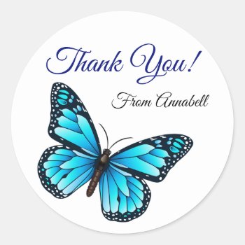 Elegant Blue Butterfly Thank You Classic Round Sticker by kazashiya at Zazzle