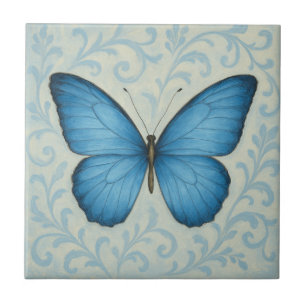 Elegant Blue Butterfly Vintage Ceramic Tile
