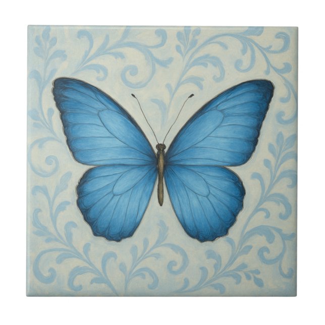 Elegant Blue Butterfly Vintage Ceramic Tile (Front)