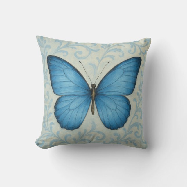 Elegant Blue Butterfly Vintage Throw Pillow (Front)