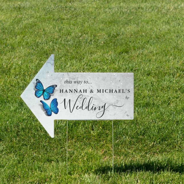 Elegant Blue Butterfly Wedding This Way Arrow Sign (Insitu)