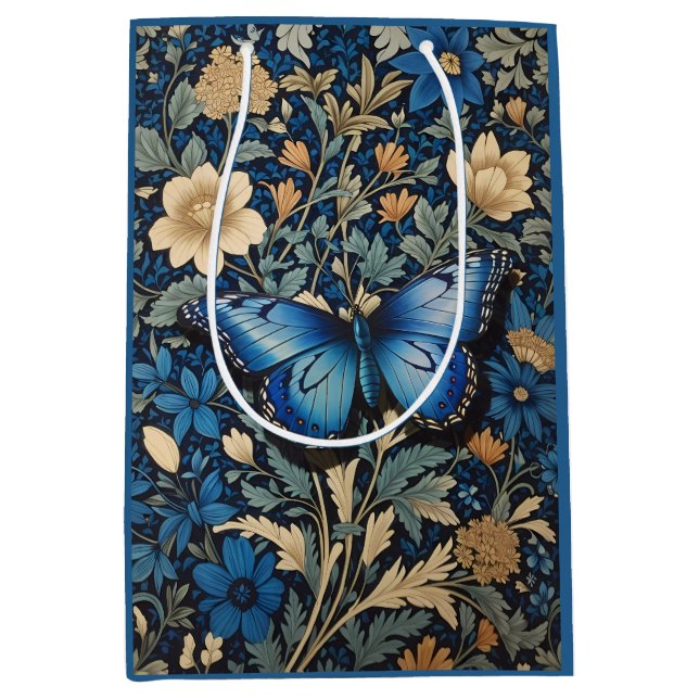 Elegant Blue Butterfly William Morris Inspired Medium Gift Bag (Front)