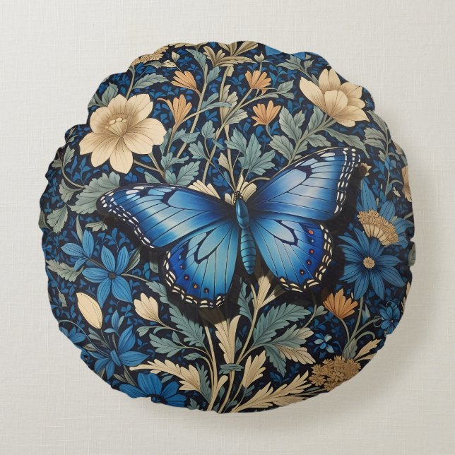 Elegant Blue Butterfly William Morris Inspired Round Pillow (Front)
