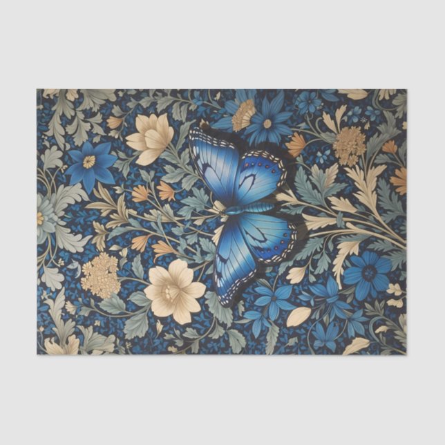 Elegant Blue Butterfly William Morris Inspired Tissue Paper (Front)