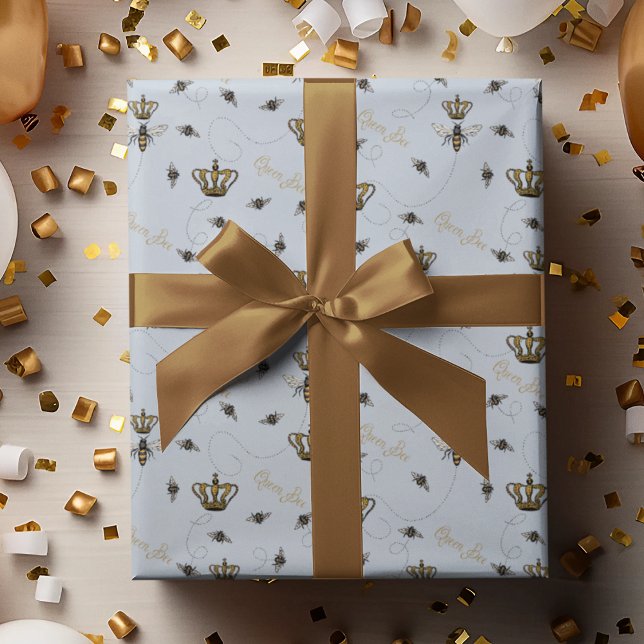 Elegant Blue Buzzing Royal Queen Bee & Gold Crown Wrapping Paper (Chic Pale Blue Buzzing Queen Bees and Royal Crowns with the Gold Hand-Written Text, "Queen Bee". 
)
