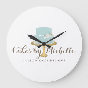Elegant Blue Cake with Florals Cake Decorating Large Clock