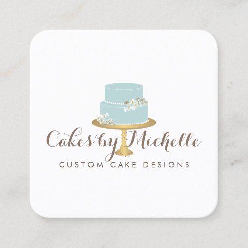 Elegant Blue Cake with Florals Cake Decorating Square Business Card