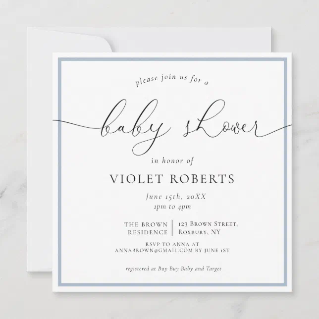 Elegant Blue Calligraphy Baby Shower Invitation | Zazzle