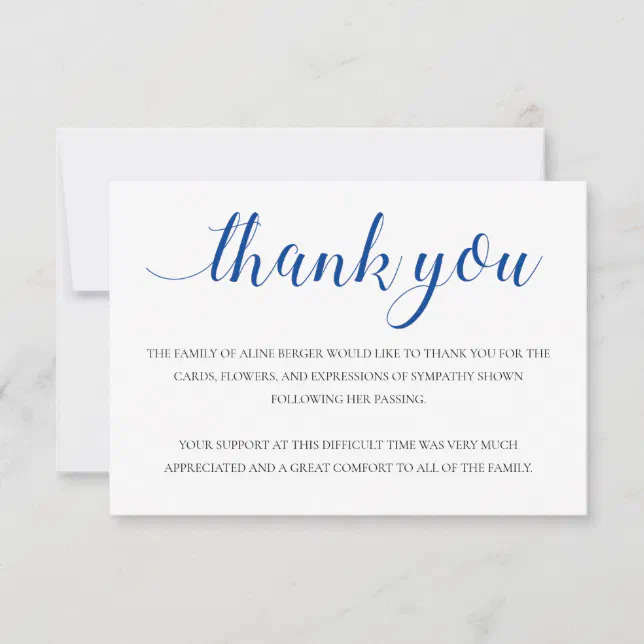 Elegant Blue Calligraphy Funeral Thank You | Zazzle