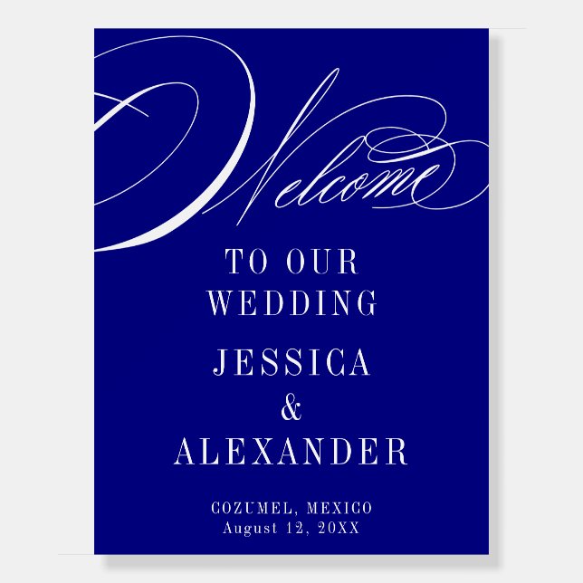 Elegant Blue Calligraphy Wedding Welcome Sign (Front)