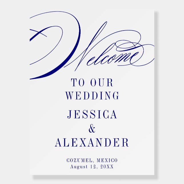 Elegant Blue Calligraphy Wedding Welcome Sign (Front)