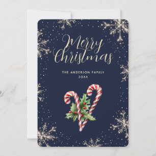 Elegant Blue Candy Canes Snowflakes Christmas Card