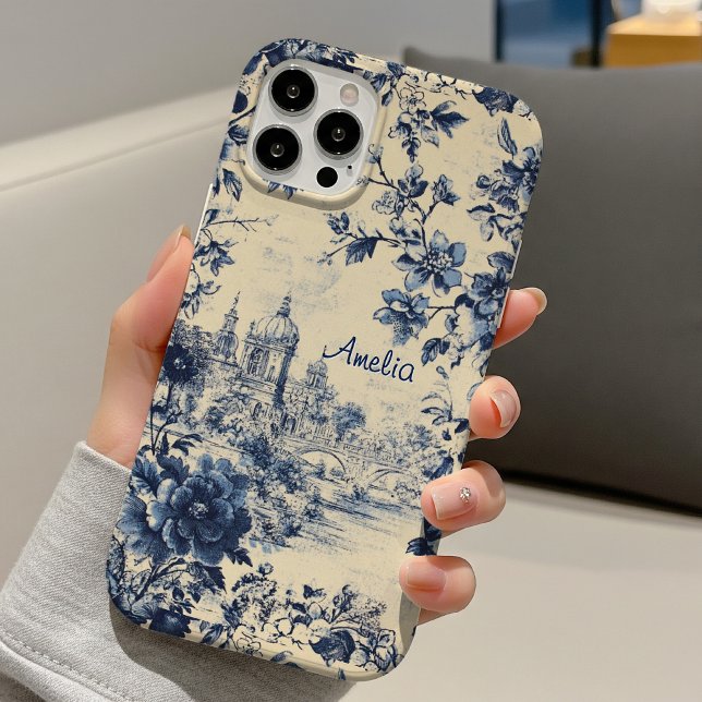 Elegant blue castle floral toile de jouy monogram Case-Mate iPhone case (Creator Uploaded)