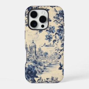 Elegant blue castle floral toile de jouy monogram iPhone 16 pro case