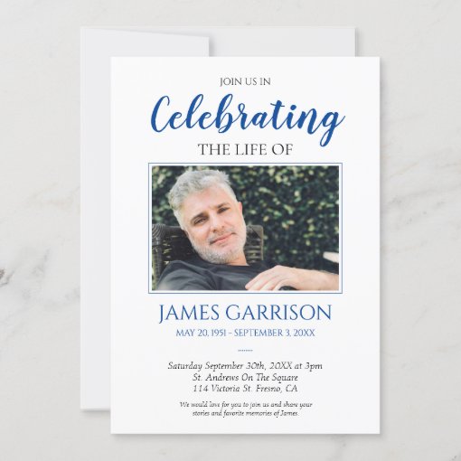 Elegant Blue Celebration of Life Photo Invitation | Zazzle