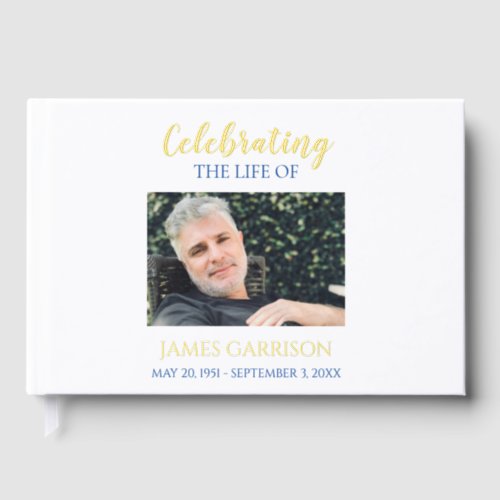 Elegant Blue Celebration of Life Photo Memorial Foil Guest Book