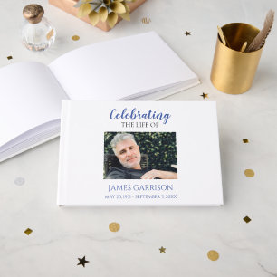 Elegant Blue Celebration of Life With Photo Guest Book