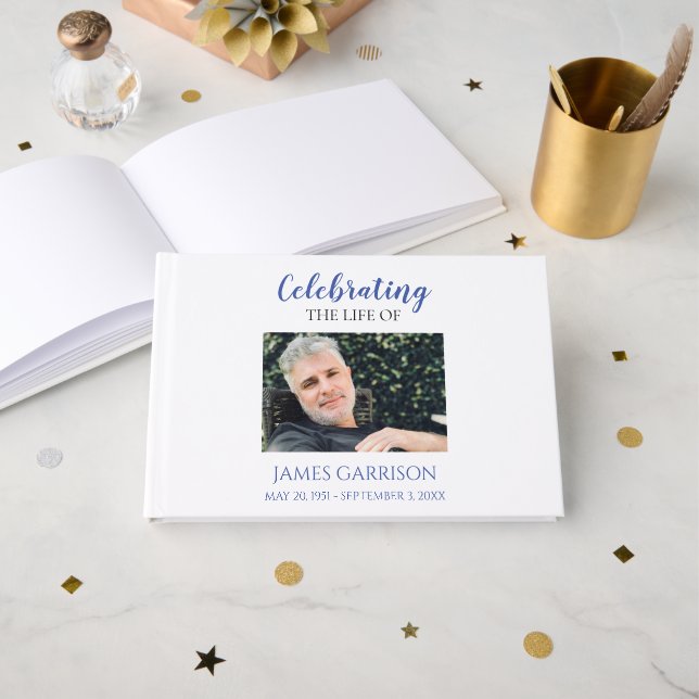Elegant Blue Celebration of Life With Photo Guest Book (Front Open)
