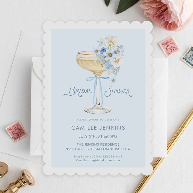 Elegant Blue Champagne Brunch Garden Bridal Shower Invitation (Blue Bubbly Bridal Shower Invitation)