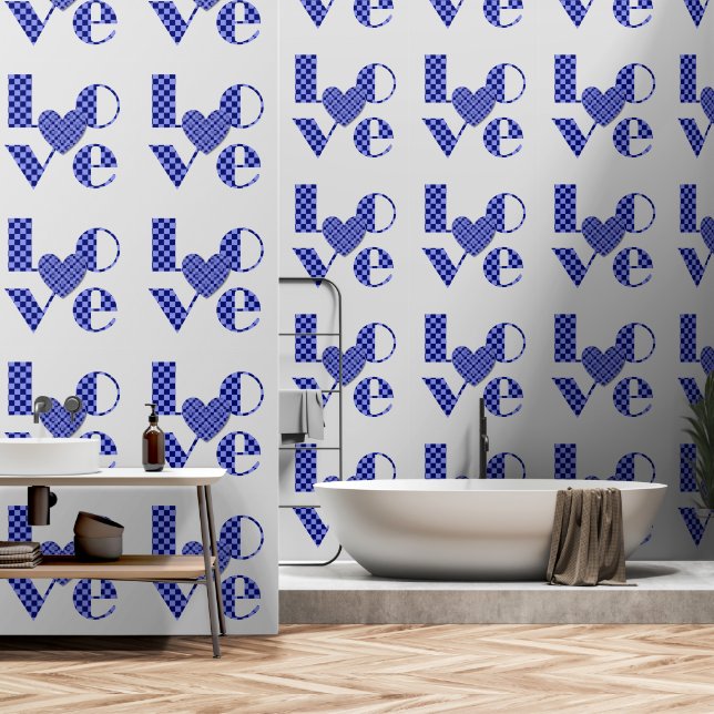 Elegant Blue Checkered Heart & Love Typography Art Wallpaper (Bathroom)