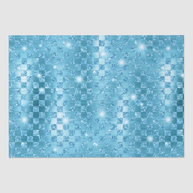 Elegant Blue Checkered Metallic Glitter Pattern Tissue Paper (Front)