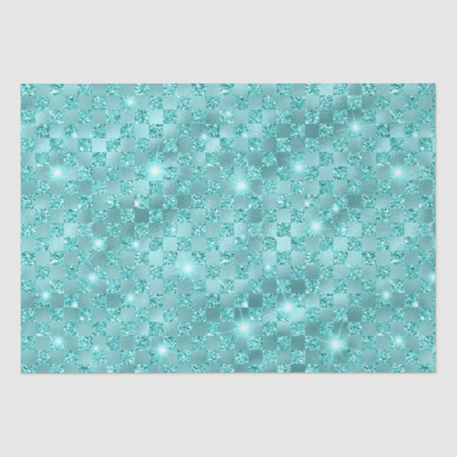 Elegant Blue Checkered Metallic Glitter Pattern Tissue Paper (Front)