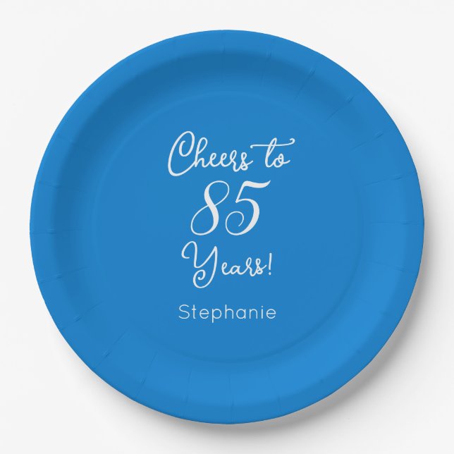 Elegant Blue Cheers to 85 Years 85th Birthday Paper Plates (Front)