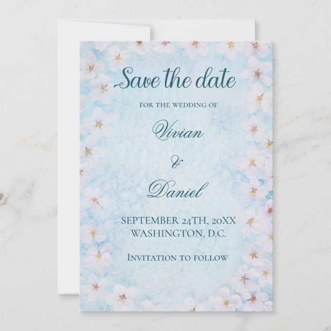 Elegant Blue Cherry Blossom Save the Date Wedding  (Front)