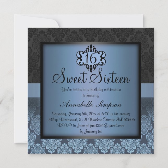 Elegant Blue Chic Damask Sweet16 Invite (Front)