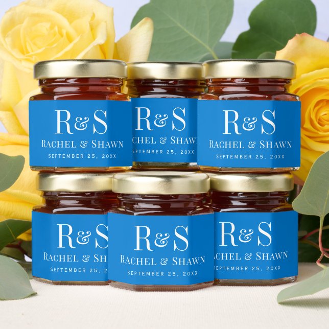 Elegant Blue Chic Modern Monogram Wedding Honey Jar Favors (Insitu)