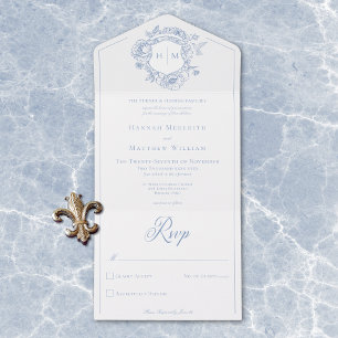 Elegant Blue Chinoiserie Bird Crest Wedding All In One Invitation