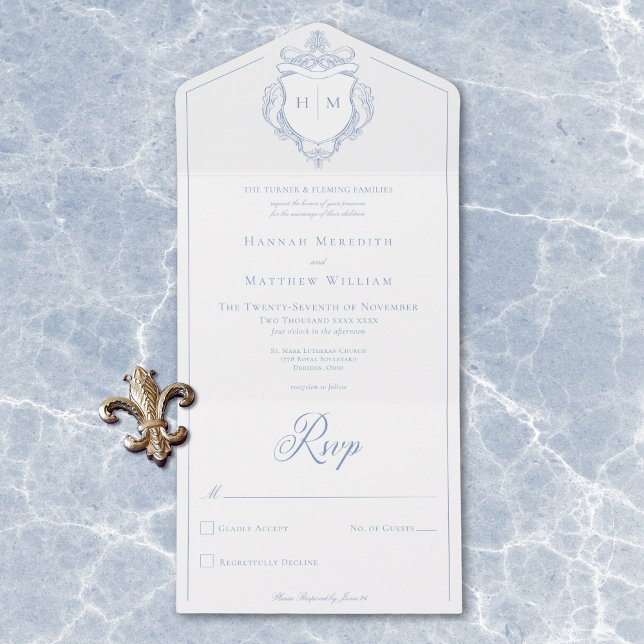 Elegant Blue Chinoiserie Bird Crest Wedding All In One Invitation (Elegant Blue Chinoiserie Bird Crest Wedding All In One Invitation)