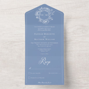 Elegant Blue Chinoiserie Bird Crest Wedding All In One Invitation