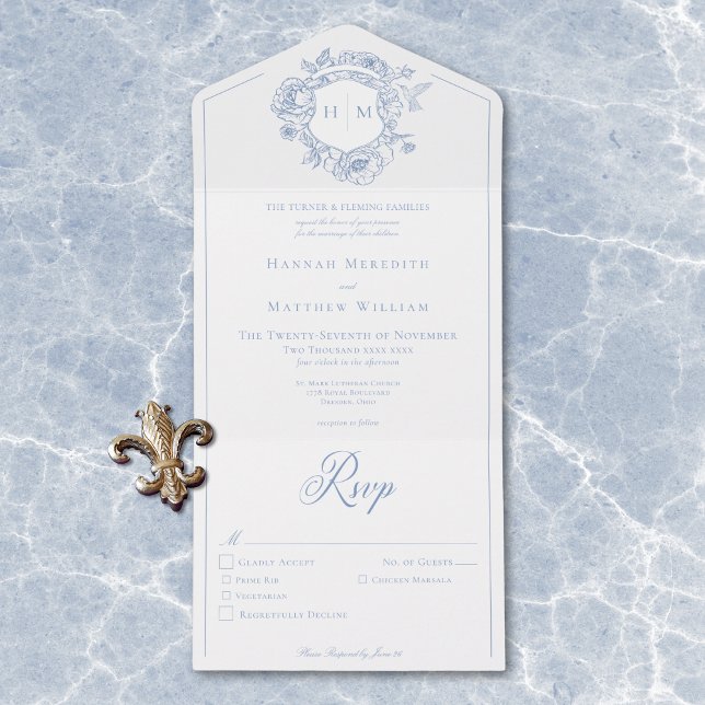Elegant Blue Chinoiserie Bird Crest Wedding Dinner All In One Invitation (Elegant Blue Chinoiserie Bird Crest Wedding Dinner All In One Invitation)