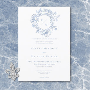 Elegant Blue Chinoiserie Bird & Crest Wedding Invitation