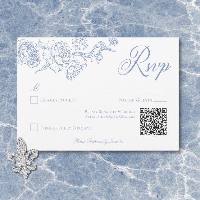 Elegant Blue Chinoiserie Bird & Crest Wedding QR RSVP Card (Elegant Blue Chinoiserie Bird & Crest Wedding QR RSVP Card)