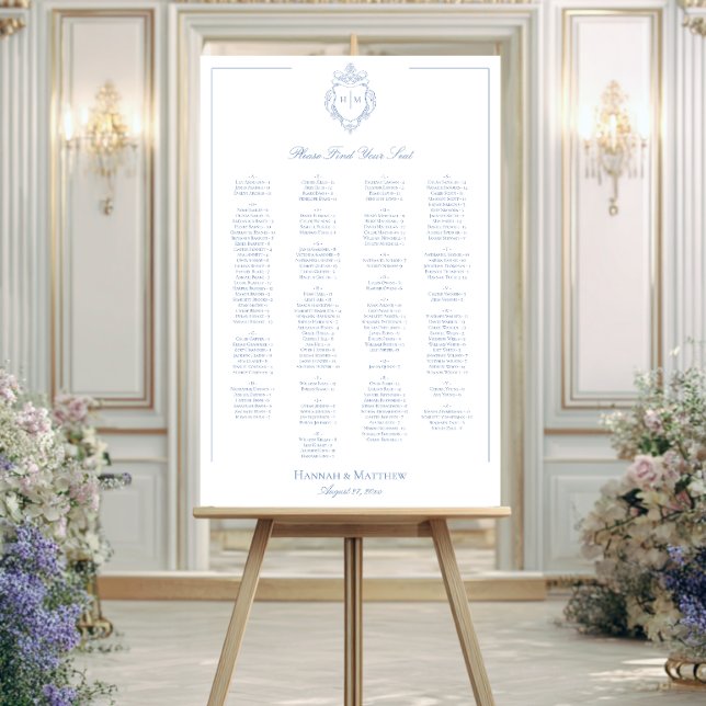 Elegant Blue Chinoiserie Bird Crest Wedding Seat Foam Board (Elegant Blue Chinoiserie Bird Crest Wedding Alphabetical Seating Sign)