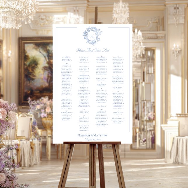 Elegant Blue Chinoiserie Bird Crest Wedding Seat Foam Board (Elegant Blue Chinoiserie Bird Crest Wedding Alphabetical Seating Sign)