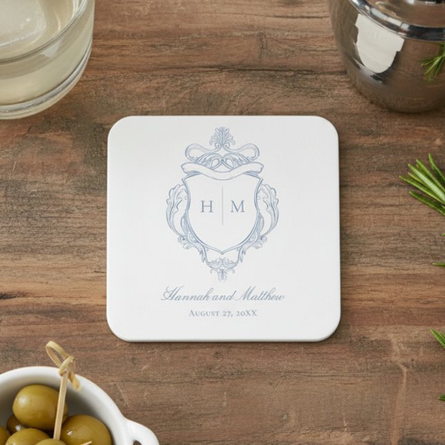Elegant Blue Chinoiserie Bird Crest Wedding Square Paper Coaster (Creator Uploaded)