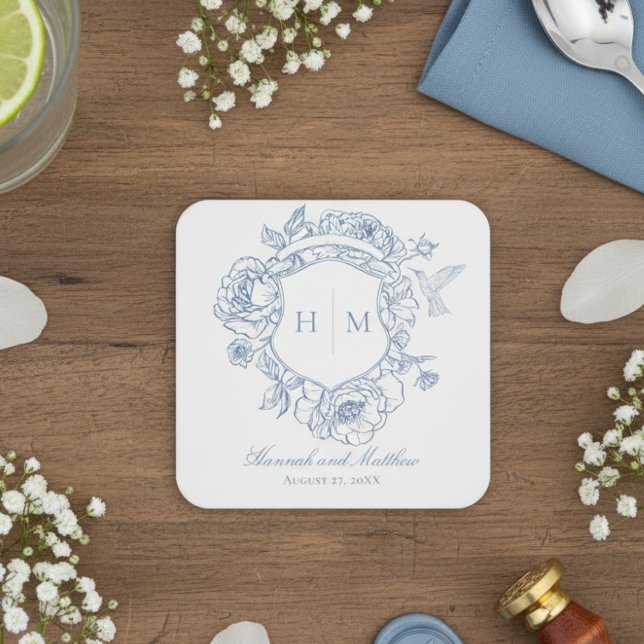 Elegant Blue Chinoiserie Bird Crest Wedding Square Paper Coaster (Creator Uploaded)